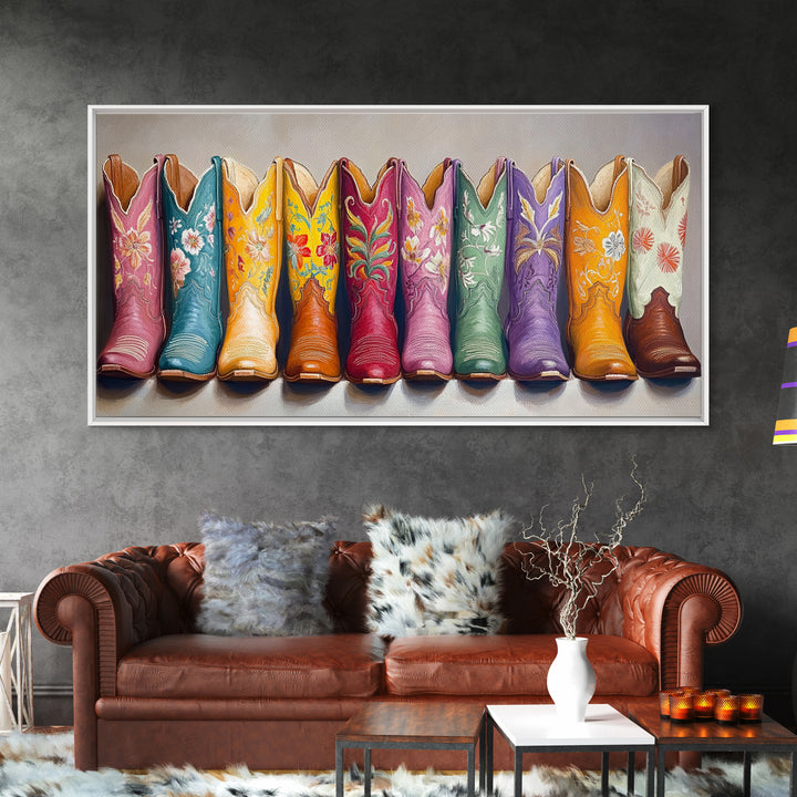 Floral Embroidered Western Boots Framed Canvas Print, Cowgirl Wall Art, Rodeo Room Decor, Rustic Ranch Gift, Boho Decor, Home Decor