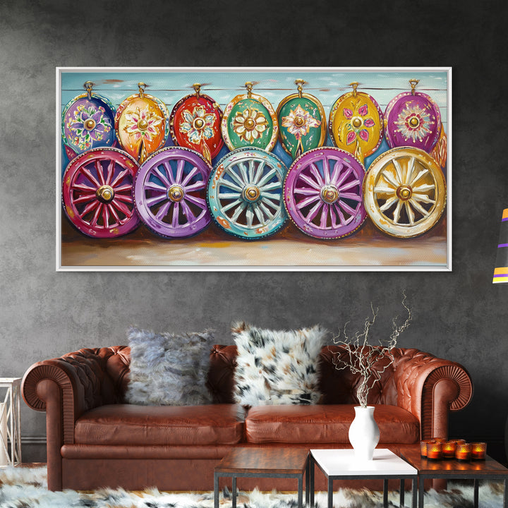 Ornate Painted Wagon Wheels Framed Canvas Print, Southwestern Wall Art, Ranch Decor, Cowgirl Room Decor, Rustic Gift, Home Decor
