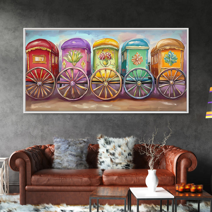 Vibrant Painted Traveling Wagons Wall Art, Western Canvas Print, Boho Ranch Decor, Colorful Nursery Art, Housewarming Gift