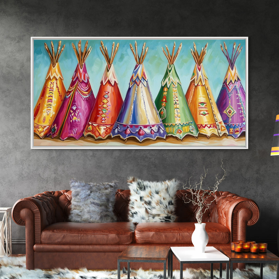 Colorful Painted Teepees Wall Art, Southwestern Nursery Decor, Native Inspired Western Canvas, Boho Kids Room Housewarming Gift