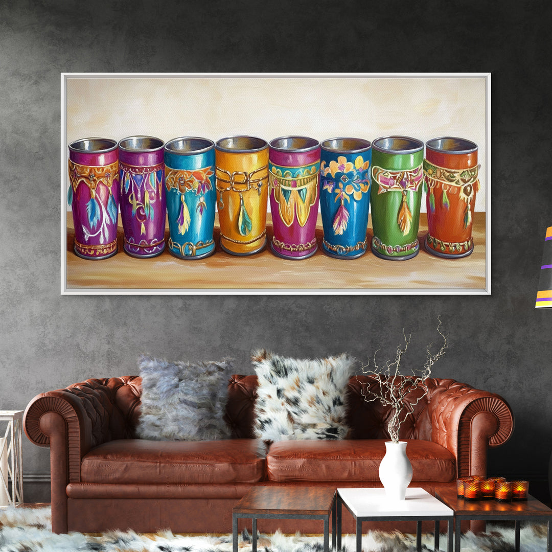 Boho Southwestern Painted Tin Cups Wall Art, Colorful Western Kitchen Decor, Rustic Ranch Canvas Art, Unique Housewarming Gift