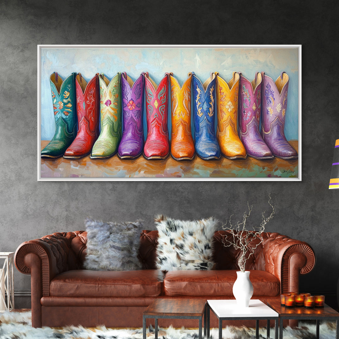Colorful Row Of Western Cowgirl Boots Canvas Print, Embroidered Cowboy Wall Decor, Boho Ranch Living Room Housewarming Gift