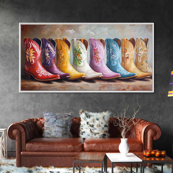 Glossy Colorful Cowgirl Boots Wall Art, Western Home Decor, Rustic Farmhouse Canvas Print, Statement Living Room Art Gift