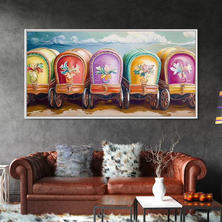 Colorful Painted Gypsy Wagon Framed Canvas Print, Western Wall Art, Boho Cowgirl Decor, Rustic Farmhouse Living Room Gift