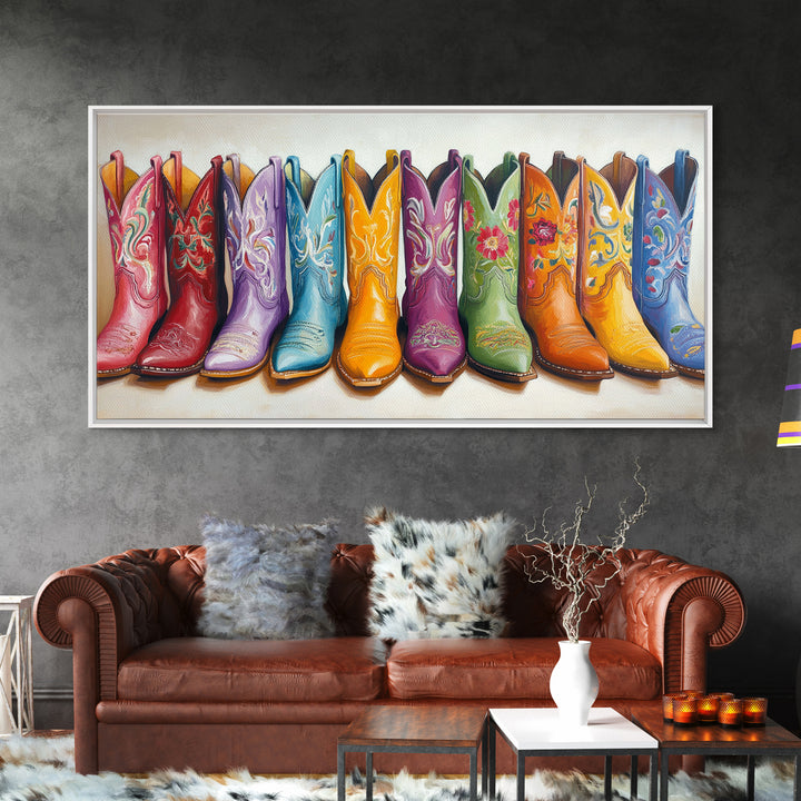 Vibrant Embroidered Cowboy Boots Wall Art, Western Cowgirl Decor, Rustic Farmhouse Canvas Print, Colorful Living Room Art