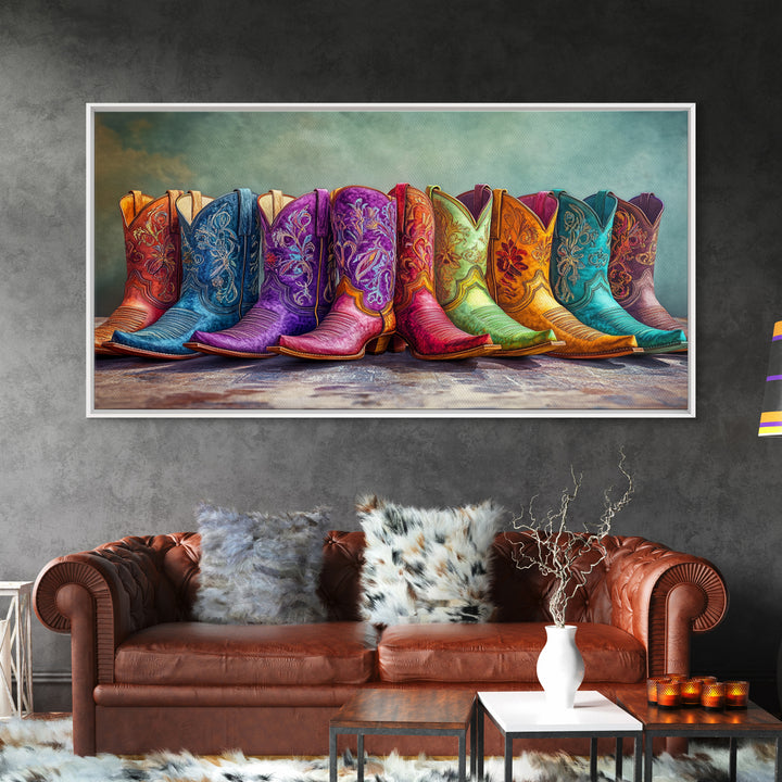 Bold Embroidered Cowboy Boots Canvas Print, Western Cowgirl Wall Art, Colorful Rustic Farmhouse Decor, Statement Living Room Art