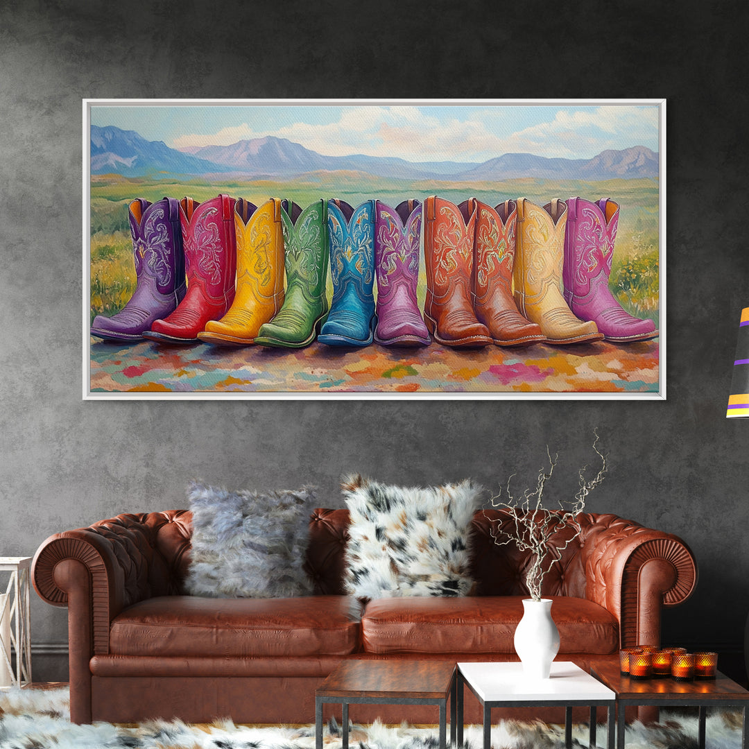 Rainbow Cowboy Boots With Mountain Meadow View Framed Canvas Print, Western Landscape Wall Art, Rustic Farmhouse Decor Gift
