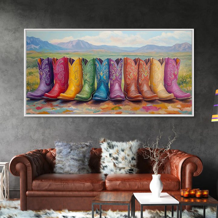 Rainbow Cowboy Boots With Mountain Meadow View Framed Canvas Print, Western Landscape Wall Art, Rustic Farmhouse Decor Gift