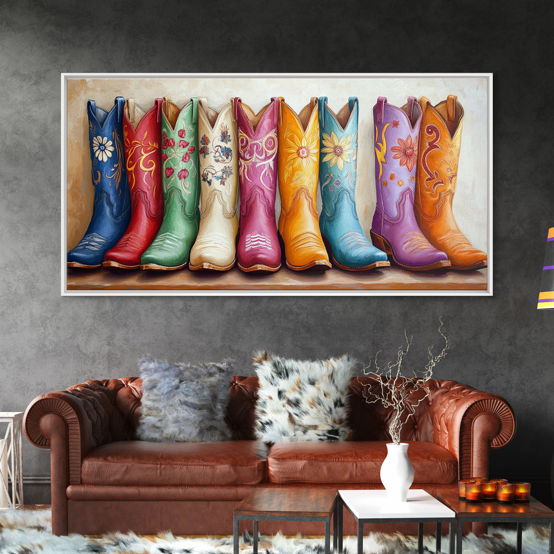 Vibrant Floral Cowgirl Boots In Blue Red Green And Orange Canvas Print, Western Wall Art, Boho Farmhouse Decor Gift For Her