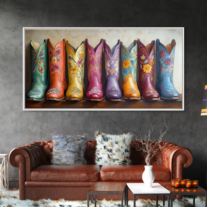 Pastel Floral Western Boots With Golden Embroidery Canvas Print, Cowgirl Wall Art, Boho Western Decor, Girls Room Decor Gift