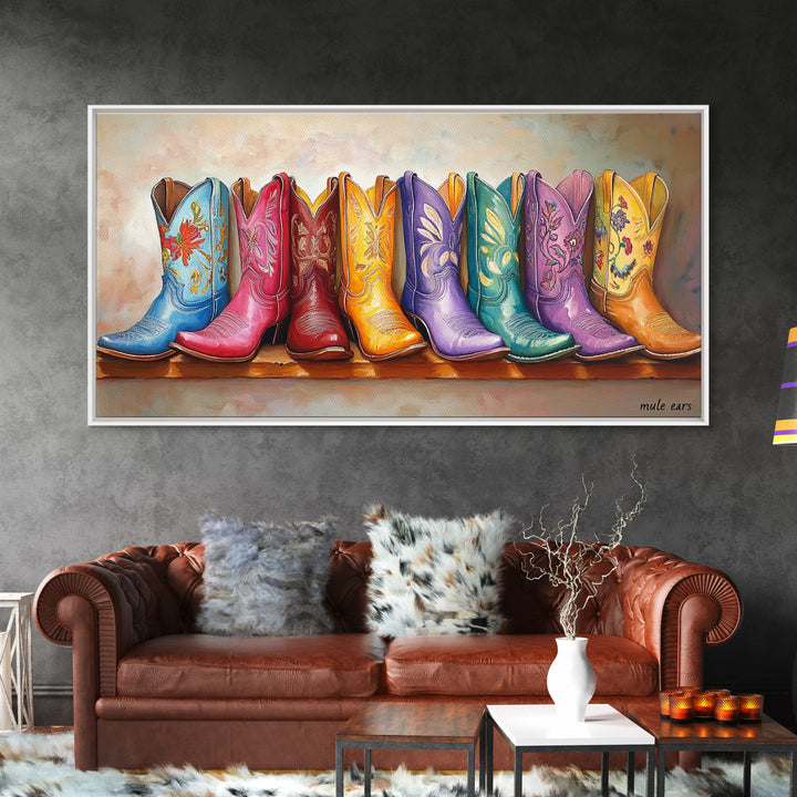 Playful Floral Cowgirl Boots In Pink Blue Orange Canvas Print, Western Wall Art, Boho Cowgirl Decor, Gift For Her, Living Room Decor