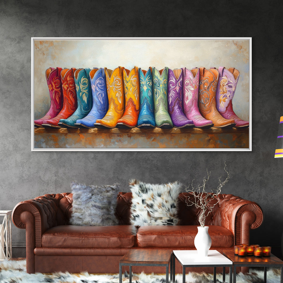 Boho Rainbow Western Boots On Rustic Ledge Framed Canvas Print, Cowgirl Wall Art, Colorful Wall Decor, Housewarming Gift