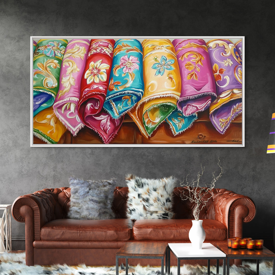 Rolled Embroidered Western Blankets Canvas Print, Colorful Cowgirl Wall Decor, Boho Ranch Living Room Art, Housewarming Gift