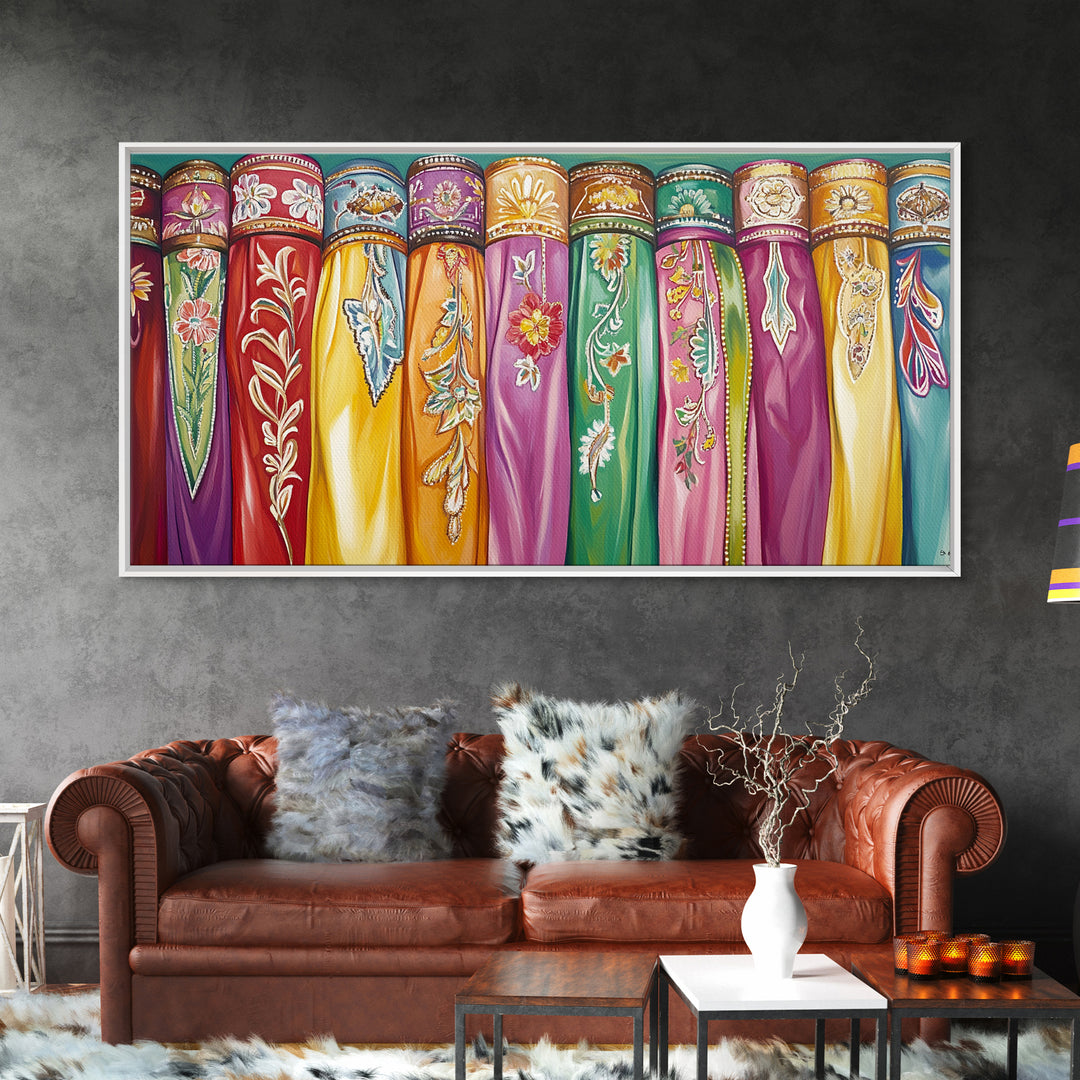 Vibrant Embroidered Textile Wall Art, Boho Western Scarf Canvas Print, Maximalist Decor, Cowgirl Home Decor For Living Room