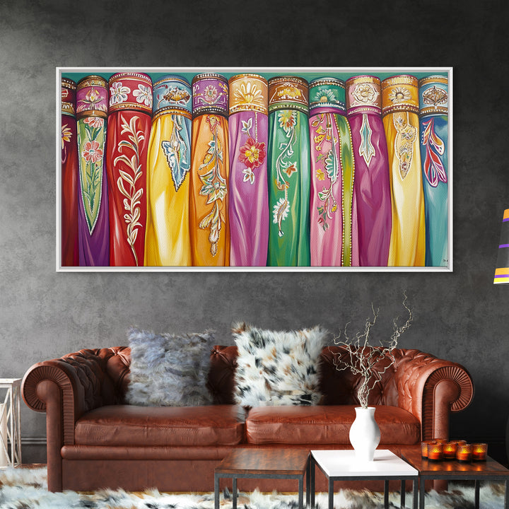 Vibrant Embroidered Textile Wall Art, Boho Western Scarf Canvas Print, Maximalist Decor, Cowgirl Home Decor For Living Room