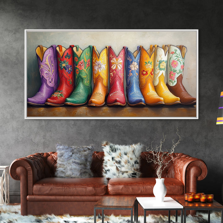Bright Embroidered Western Boots Framed Canvas Print, Cowgirl Wall Art, Rustic Ranch Decor, Colorful Country Housewarming Gift