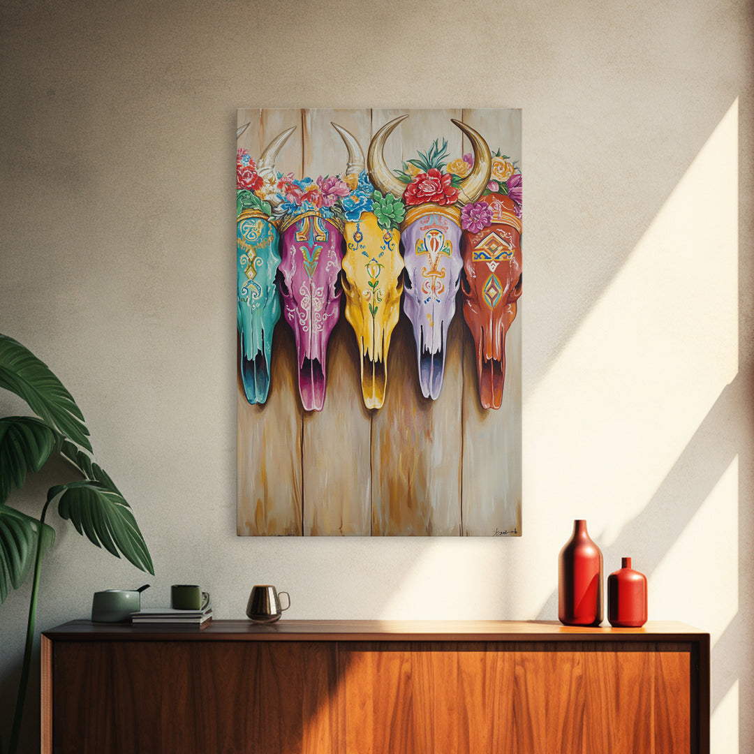 Floral Painted Longhorn Skulls Framed Canvas Print, Western Wall Art, Southwestern Decor, Cowgirl Ranch Home Decor Gift Idea