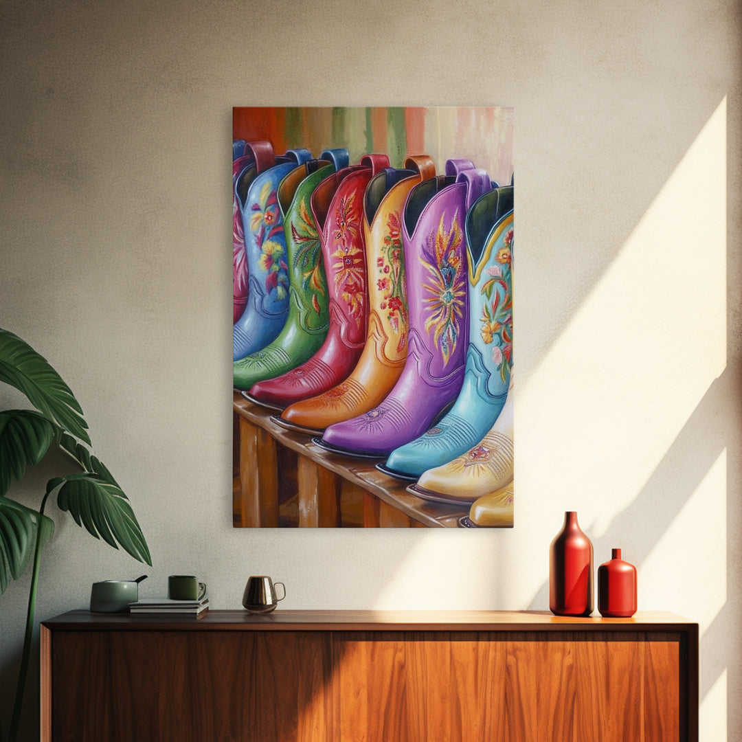 Bright Embroidered Cowboy Boots Wall Art, Western Cowgirl Canvas Print, Colorful Living Room Decor, Rustic Bedroom Wall Art