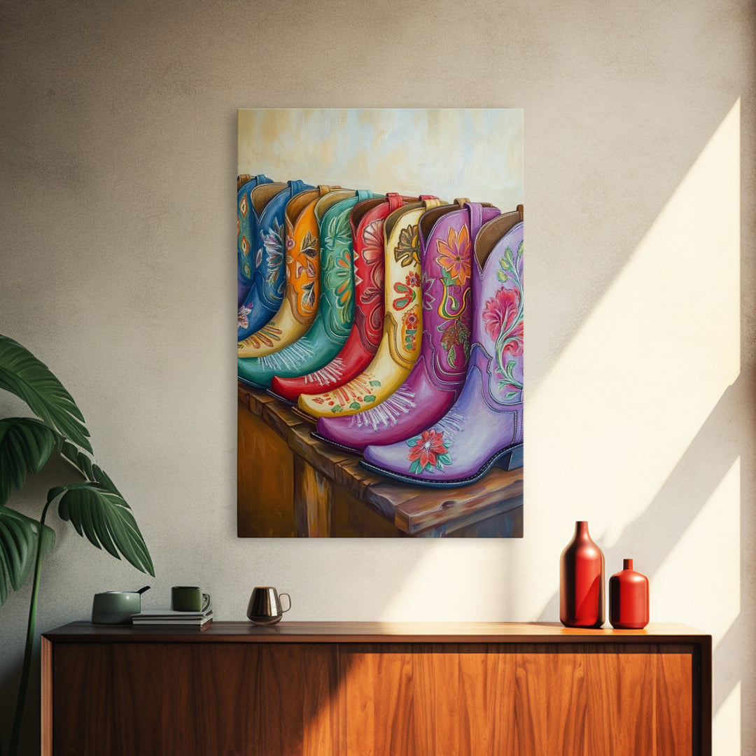 Vibrant Floral Cowboy Boots Wall Art, Western Canvas Print, Cowgirl Bedroom Decor, Rustic Boho Home Decor, Living Room Art, Gift For Her