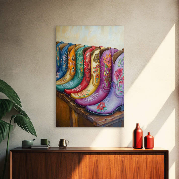 Vibrant Floral Cowboy Boots Wall Art, Western Canvas Print, Cowgirl Bedroom Decor, Rustic Boho Home Decor, Living Room Art, Gift For Her