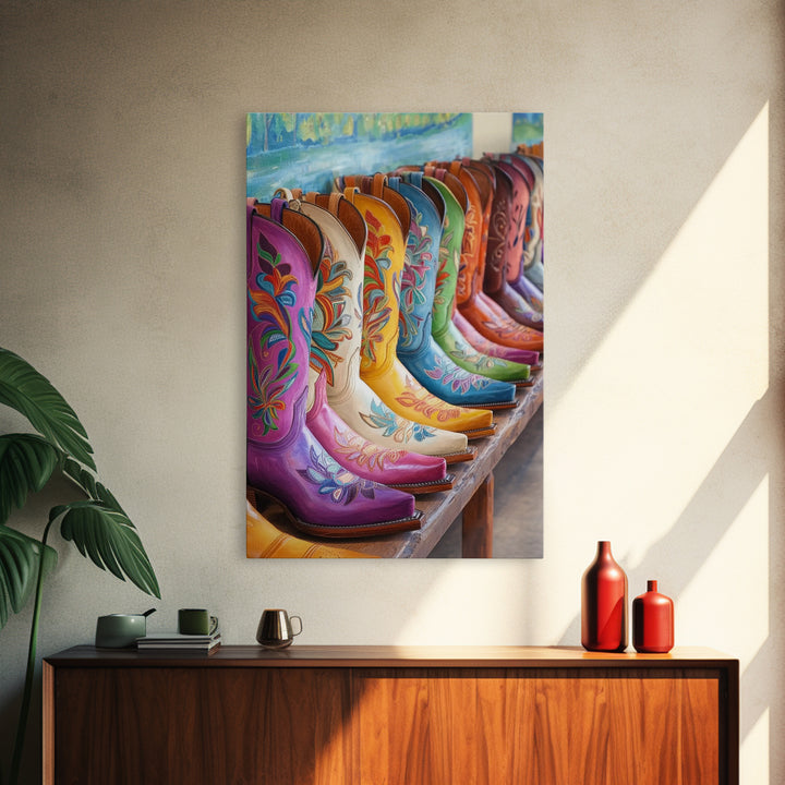 Row Of Painted Floral Cowgirl Boots Framed Canvas Print, Western Wall Art, Southwestern Home Decor, Housewarming Gift For Her
