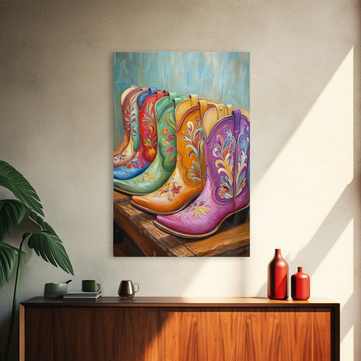 Pink Purple And Orange Cowboy Boots Framed Canvas Print, Western Cowgirl Wall Art, Floral Ranch Decor, Gift For Her Home Decor