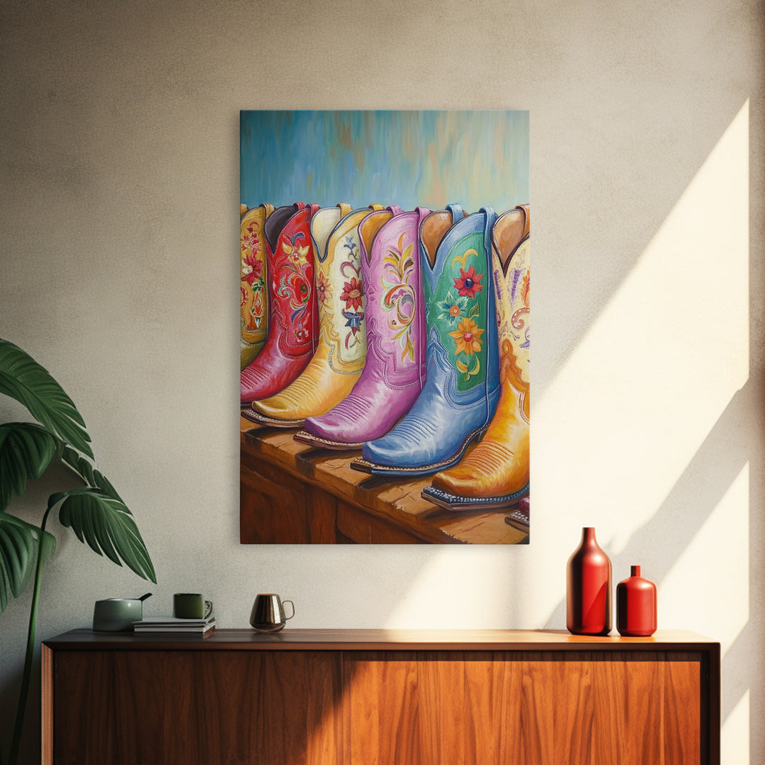 Pastel Blue Pink And Red Cowboy Boots Wall Art, Floral Western Decor, Cowgirl Ranch Canvas Art Print, Living Room Decor Gift