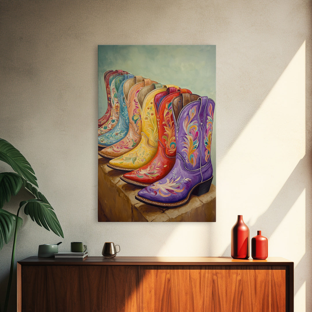 Purple Red And Yellow Embroidered Cowboy Boots Framed Canvas Print, Western Wall Art, Cowgirl Decor, Southwestern Gift For Her