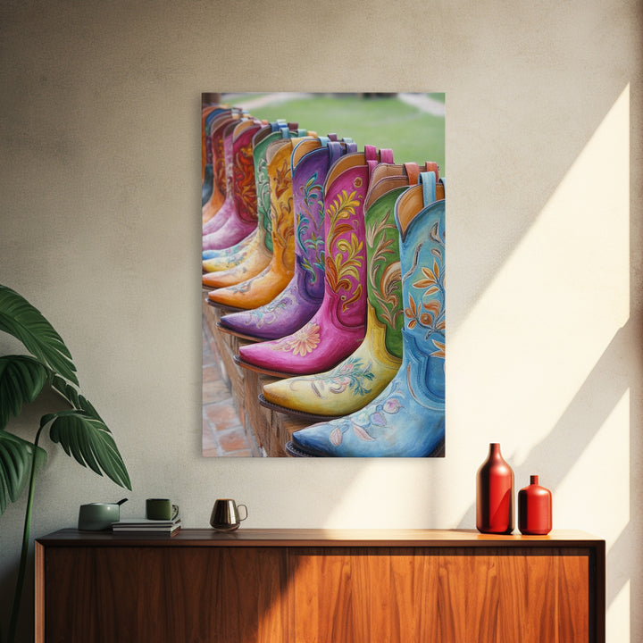 Outdoor Row Of Turquoise Pink And Green Cowboy Boots Canvas Print, Western Wall Art, Cowgirl Decor, Rustic Home Decor, Gift For Her