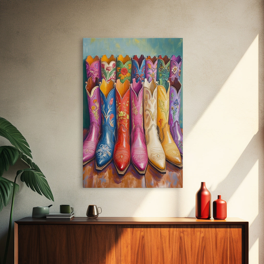 Front Facing Pink Blue Red And Cream Cowgirl Boots Framed Canvas Print, Western Wall Art, Maximalist Decor, Gift For Her
