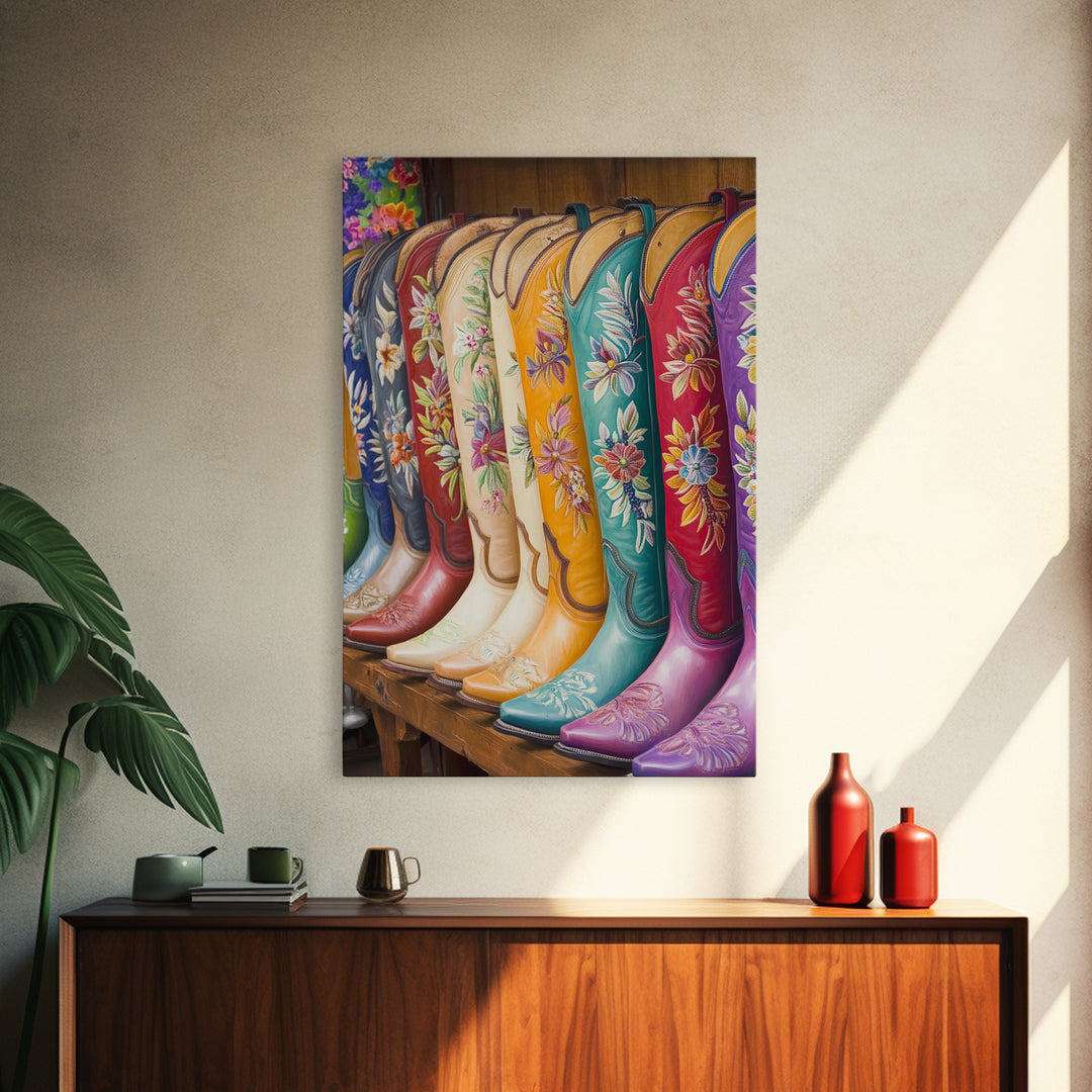 Embroidered Floral Cowboy Boots Canvas Print, Western Wall Art, Cowgirl Decor, Rustic Home Decor, Housewarming Gift, Living Room Decor