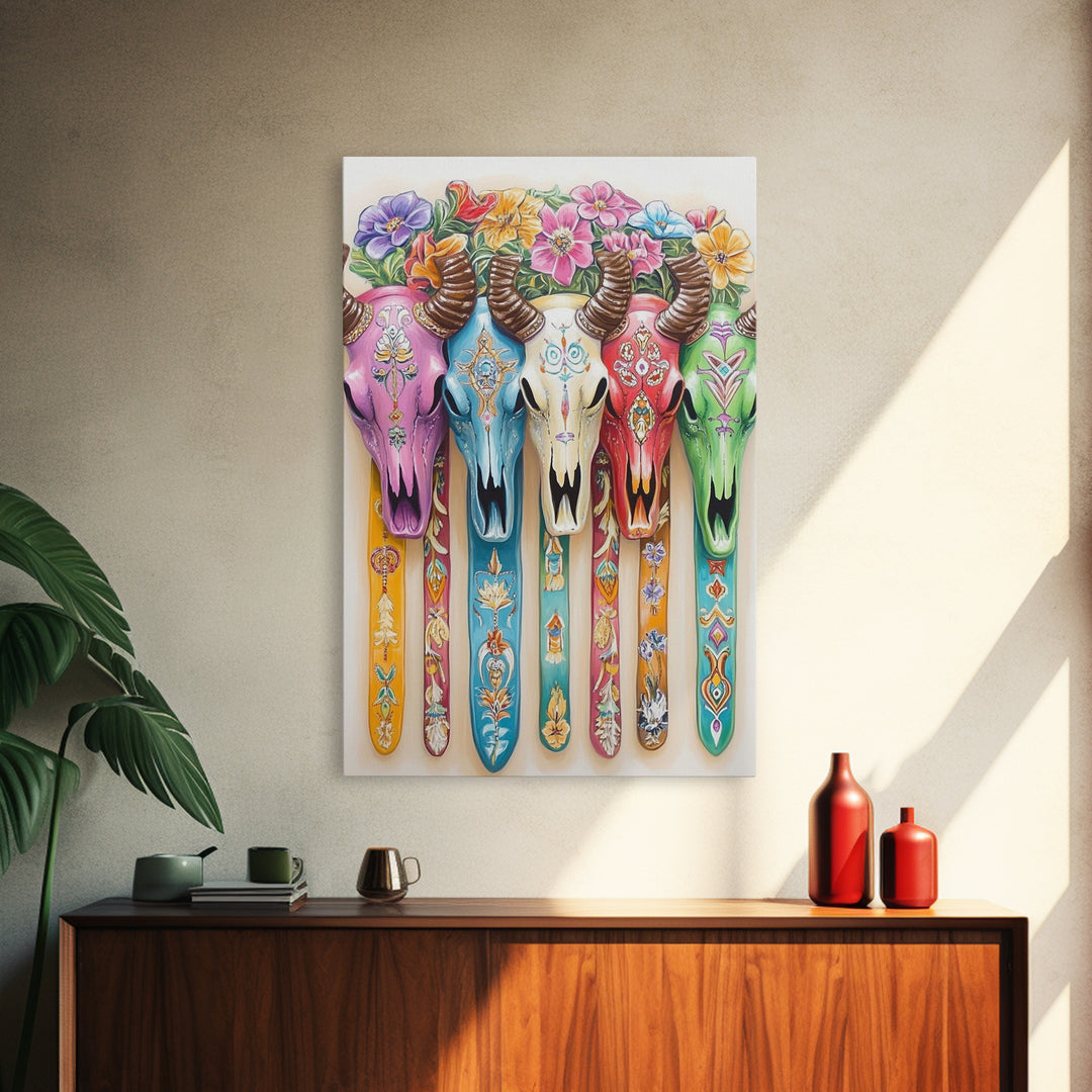 Floral Painted Cow Skulls Canvas Print, Western Wall Art, Southwestern Decor, Cowgirl Art, Boho Wall Decor, Gift For Her