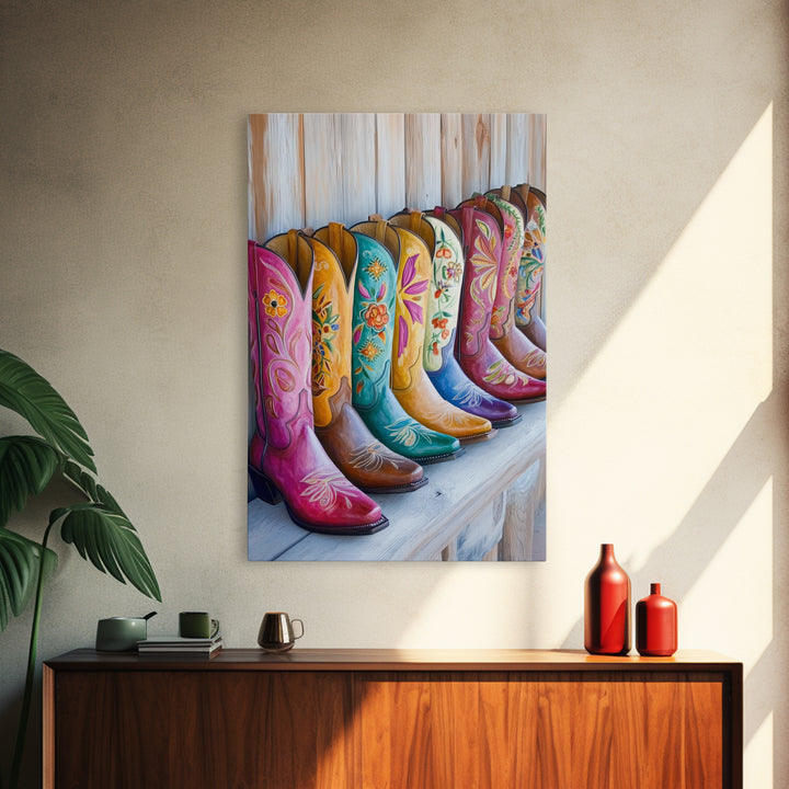 Rustic Row Of Painted Cowgirl Boots Wall Art, Western Floral Canvas Print, Southwestern Ranch Decor, Housewarming Gift For Her