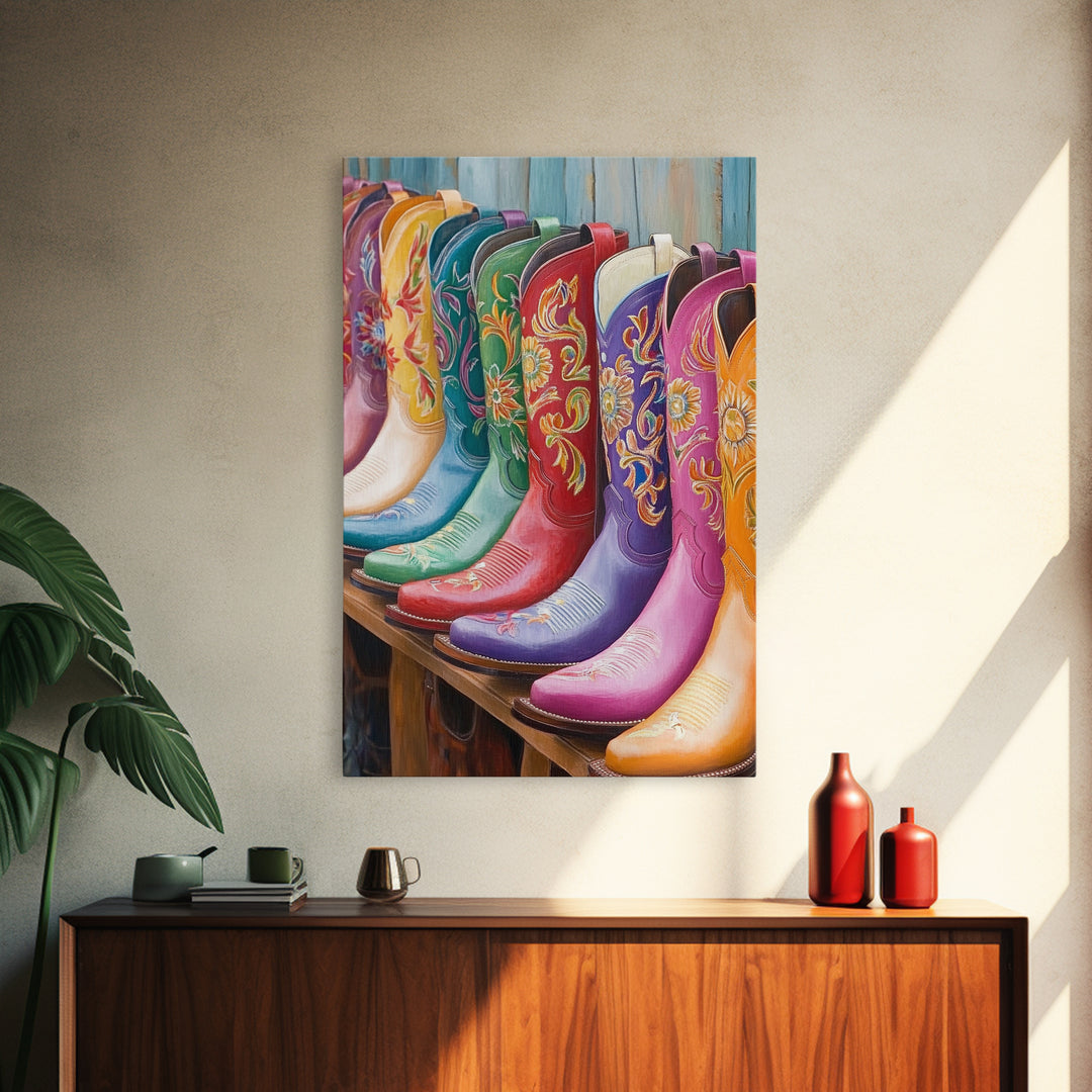 Bright Floral Cowboy Boots Wall Art, Western Boot Print, Cowgirl Room Decor, Rustic Farmhouse Canvas Wall Art, Housewarming Gift