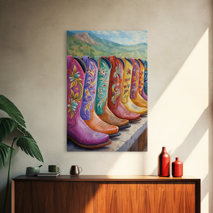 Floral Cowboy Boots With Mountain View Wall Art, Western Landscape Painting, Cowgirl Decor, Rustic Farmhouse Canvas Print