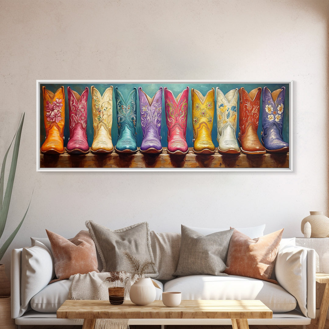 Vibrant Floral Cowgirl Boots Wall Art, Western Wall Decor, Maximalist Canvas Print, Boho Home Decor, Trendy Gift For Her