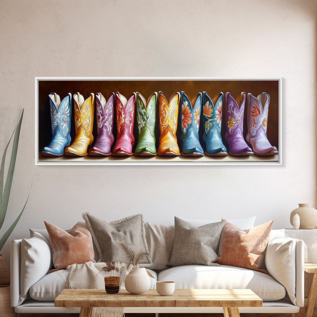 Moody Embroidered Cowboy Boots Wall Art, Western Wall Decor, Cowgirl Canvas Print, Rustic Farmhouse Decor, Unique Gift For Her