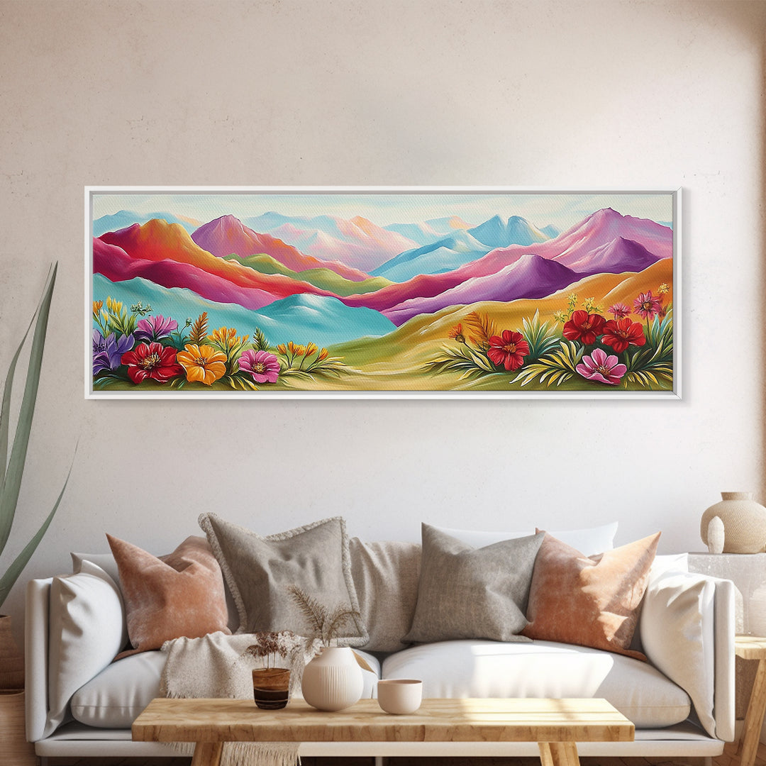 Vibrant Rainbow Mountains With Desert Flowers Wall Art, Abstract Landscape, Colorful Wall Art, Southwestern Decor, Large Canvas Print