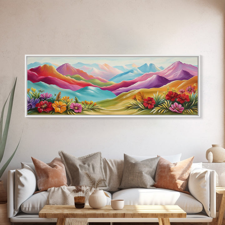 Vibrant Rainbow Mountains With Desert Flowers Wall Art, Abstract Landscape, Colorful Wall Art, Southwestern Decor, Large Canvas Print