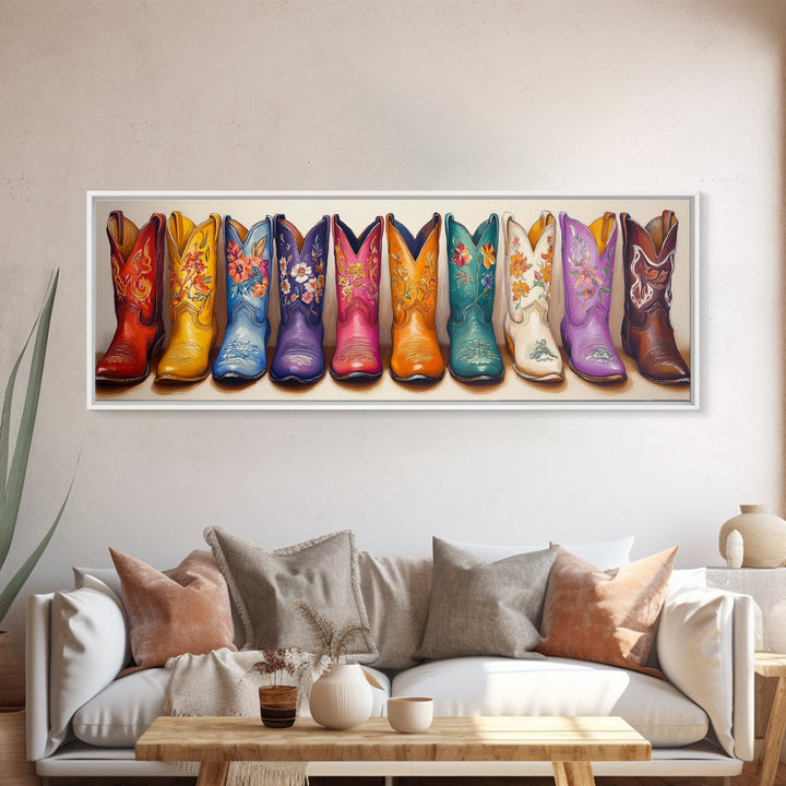 Bright Floral Cowboy Boots Framed Canvas Print, Western Wall Art, Cowgirl Decor, Ranch Housewarming Gift For Her, Living Room Decor