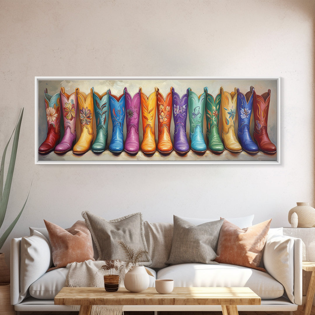 Rainbow Embroidered Cowboy Boots Wall Art, Western Decor, Cowgirl Gift, Rustic Farmhouse Decor, Long Horizontal Art Print