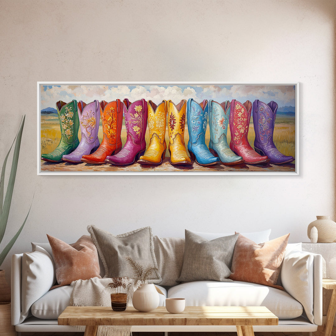 Colorful Cowboy Boots In Prairie Landscape Wall Art, Western Cowgirl Decor, Rustic Farmhouse Canvas Print, Above Sofa Art