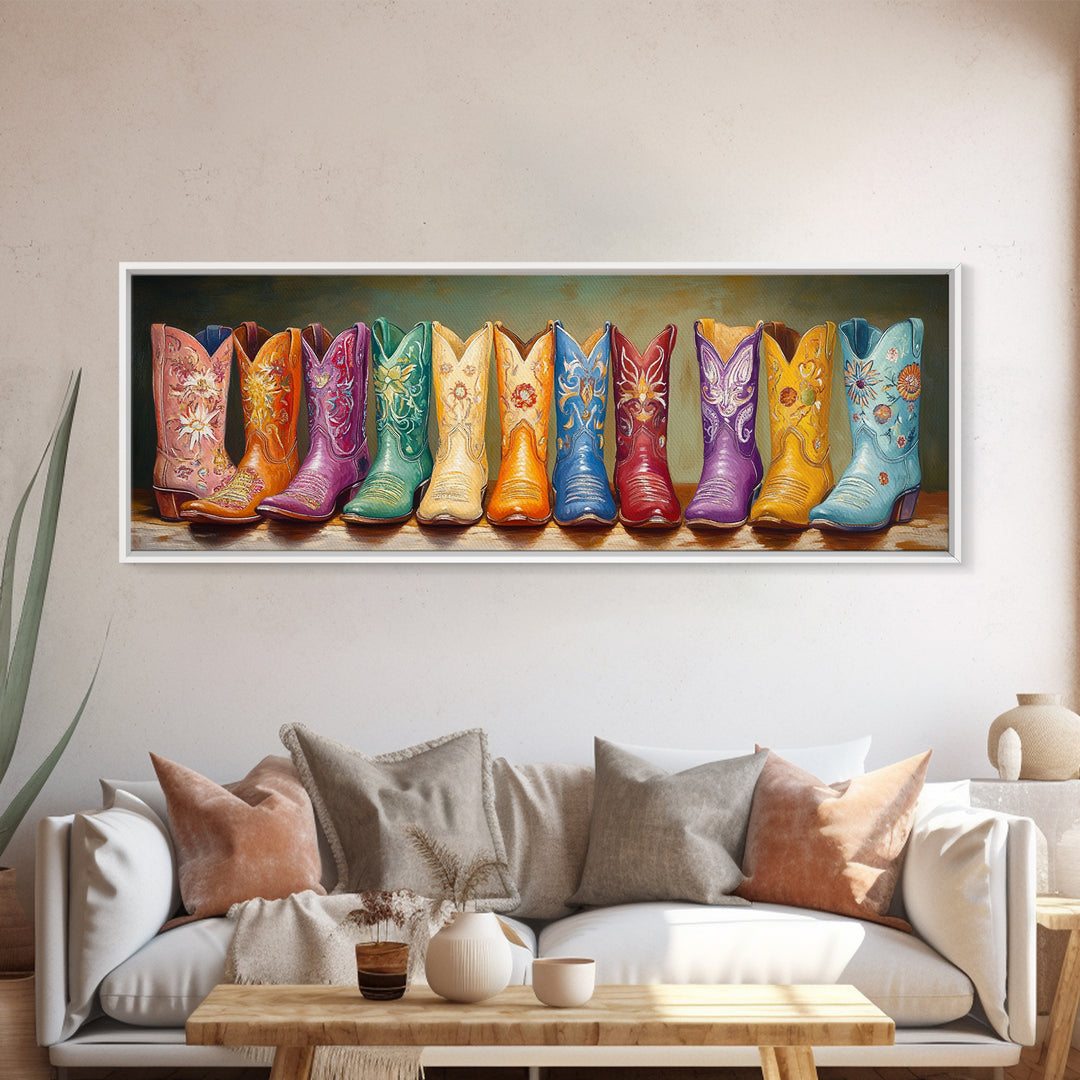 Vibrant Embroidered Cowboy Boots Wall Art, Western Cowgirl Decor, Maximalist Canvas Print, Rustic Rodeo Living Room Decor
