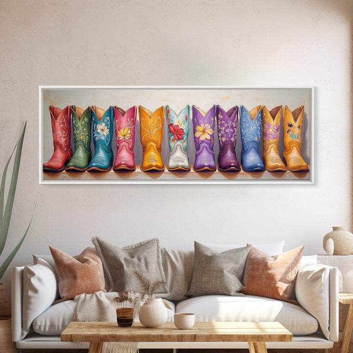 Bright Floral Cowboy Boots Painting Wall Art, Western Home Decor, Cowgirl Wall Decor, Rustic Bedroom Decor, Framed Canvas Print