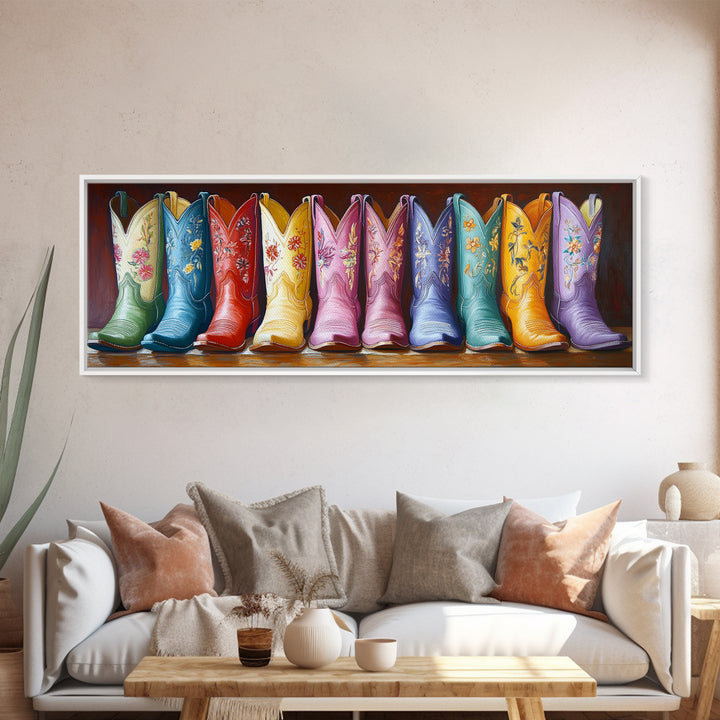 Tall Embroidered Cowboy Boots Framed Canvas Print, Colorful Western Wall Decor, Rustic Ranch Art, Boho Cowgirl Gift, Living Room Art