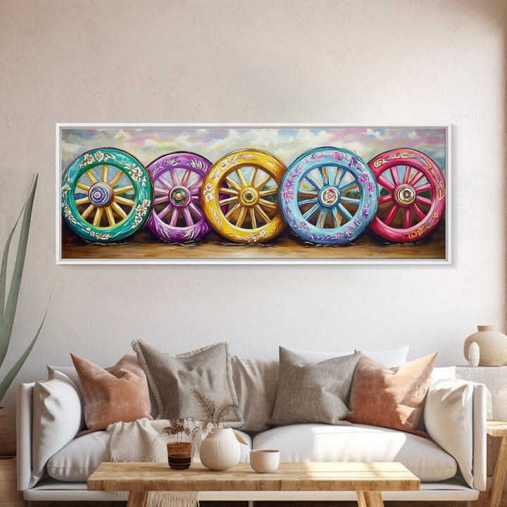 Painted Wagon Wheels Framed Canvas Print, Colorful Western Wall Decor, Rustic Ranch Art, Farmhouse Living Room Gift, Housewarming Gift