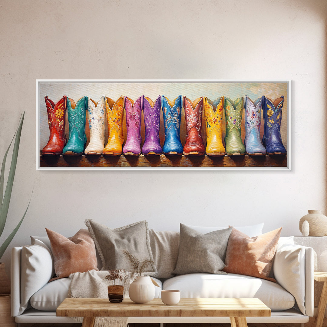 Bright Western Cowboy Boots Wall Art, Colorful Ranch Decor, Cowgirl Canvas Print, Rustic Farmhouse Living Room Art Gift