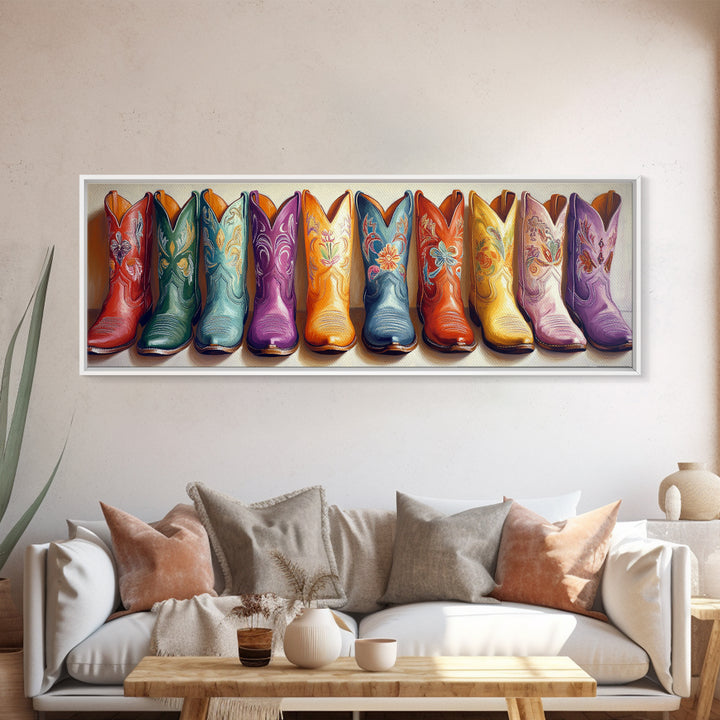 Colorful Embroidered Cowboy Boots Wall Art, Western Cowgirl Decor, Rustic Farmhouse Canvas, Vibrant Entryway Art Print Gift