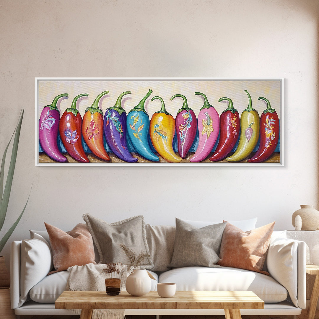 Bright Rainbow Chili Peppers Wall Art, Colorful Kitchen Decor, Southwestern Food Print, Dopamine Dining Room Canvas Gift