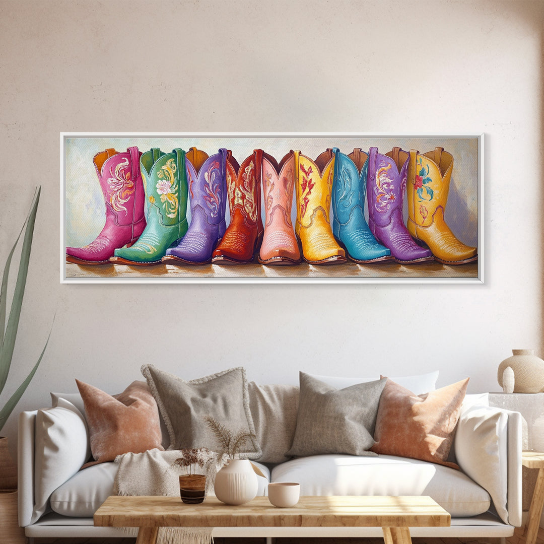 Pastel Floral Cowboy Boots Framed Canvas Print, Western Wall Art, Cowgirl Nursery Decor, Boho Bedroom Wall Decor Gift For Her